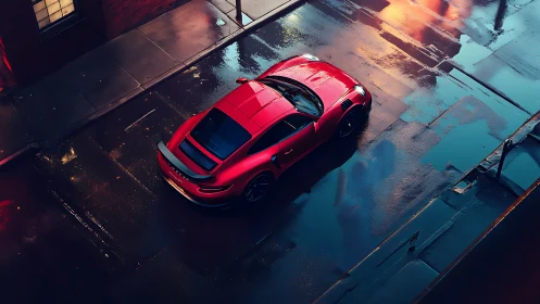 Red sports car sits on wet city street under artificial light