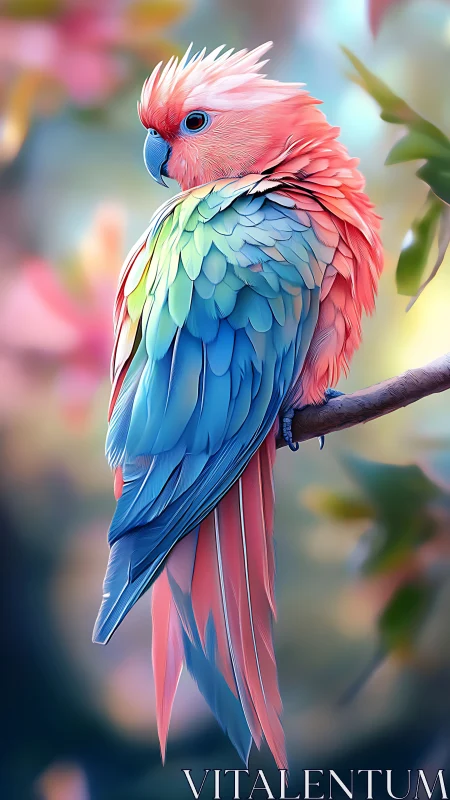 Pastel nebula parrot perched in dream-brushed garden.