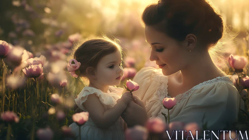 Woman and child in flower field at sunset holding blossoms.