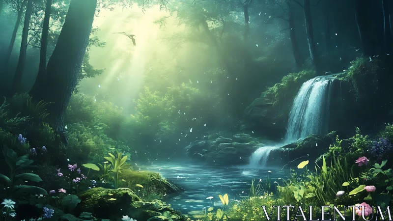 Mystical Forest Waterfall with Radiant Sunlight.