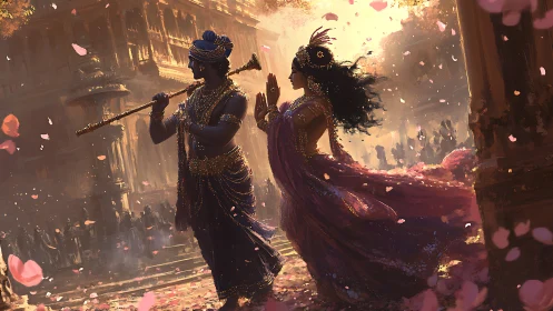 Petals whirl as celestial lovers drift through golden dusk