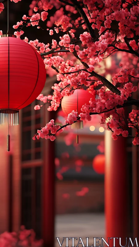 Red paper lanterns among pink blossoms in courtyard setting.