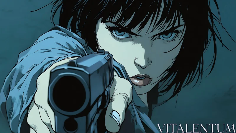 Intense gunwoman close‑up in stylized blue noir frame.