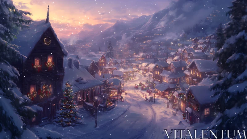 Twilight alpine village with snow-blanketed festive illumination.