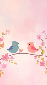 Two Birds Perched on Blossoming Branch in Soft Bloom.