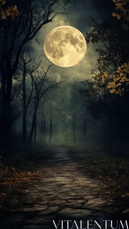 Luminous full moon over misted forest trail at twilight