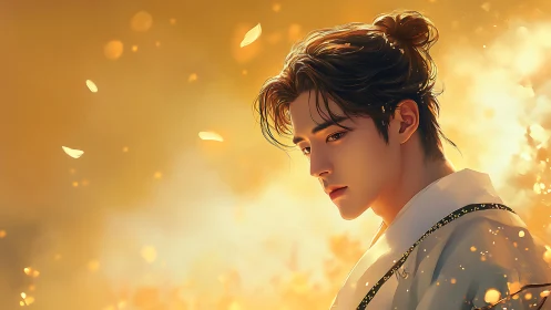 Golden bokeh portrait of contemplative youth in ember haze.