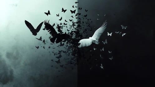 Contrasting white and black birds dissolving into butterflies.