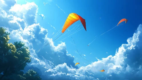 Orange kites drifting across bright blue sky clouds.