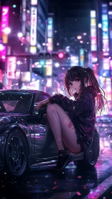 Night street racer girl beside car in neon cityscape.