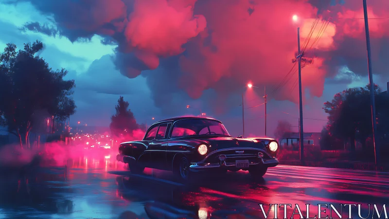Retro sedan glows under neon storm clouds on wet roadway.