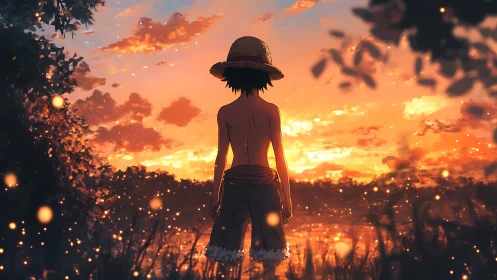 Anime sunset wanderer in backlit riverbank composition.