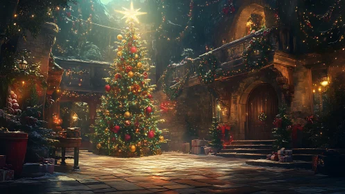 Christmas tree stands in decorated courtyard of stone building