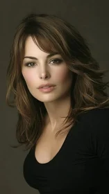 Studio portrait of brunette woman in soft directional light.