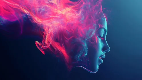 Neon vapor portrait of female profile in luminous motion.