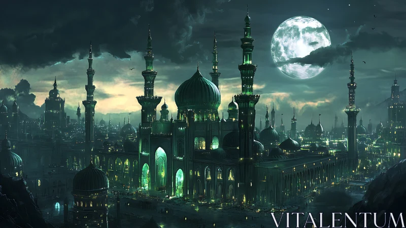 Luminous neo-islamic megacity under full moon with dense minaret skyline