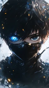 Cybernetic-eyed masked warrior stands in fractured light.