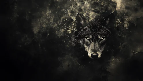 Nocturnal wolf portrait emerging from textured darkness.