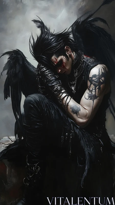 Fallen dark angel in black feathered wings, gothic attire