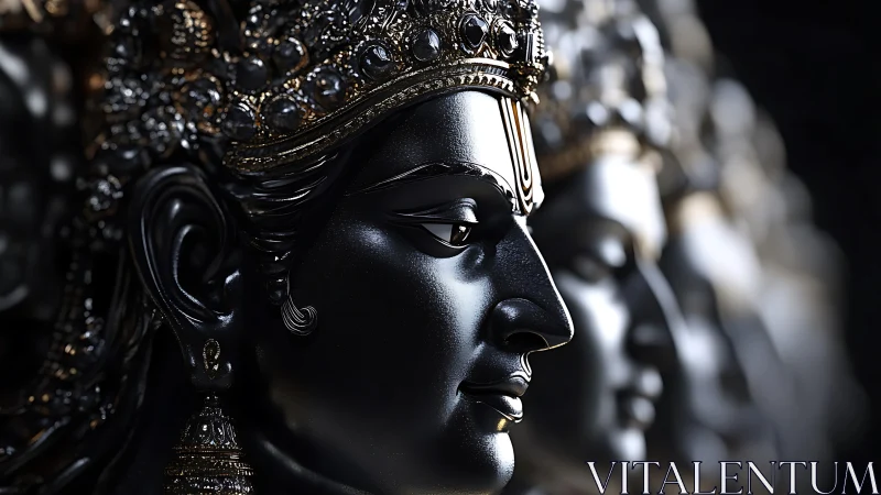 Metallic deity busts are aligned in a controlled side profile