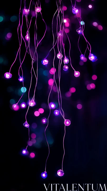 Purple hanging LED string lights against dark bokeh backdrop.