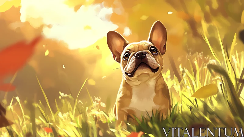 Digital painting of French bulldog in luminous meadow light.