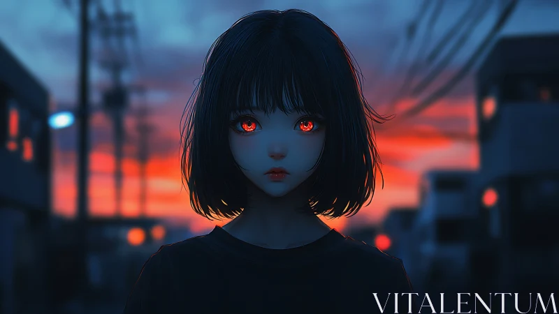 Girl with glowing red eyes in neon dusk street scene.
