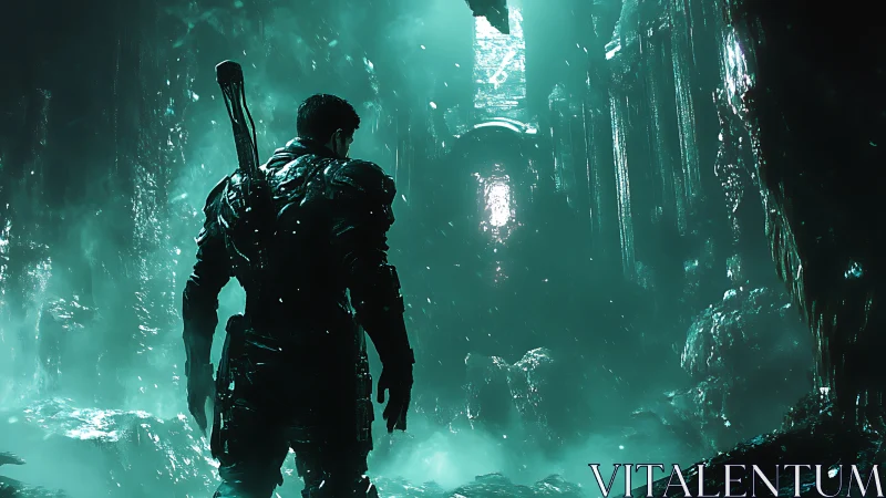 Armored soldier stands in glowing teal cavern chamber.