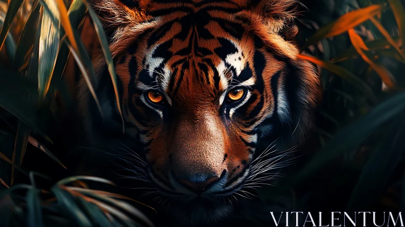 Tiger stares through dense jungle foliage with vivid intensity