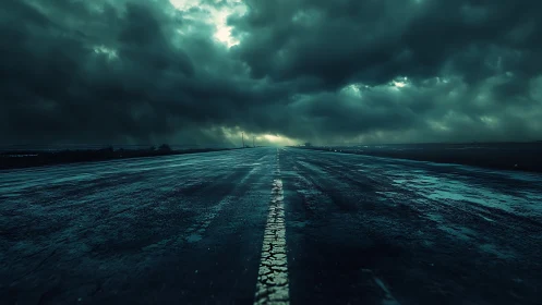 Stormlit horizon highway under brooding teal thunderheads.