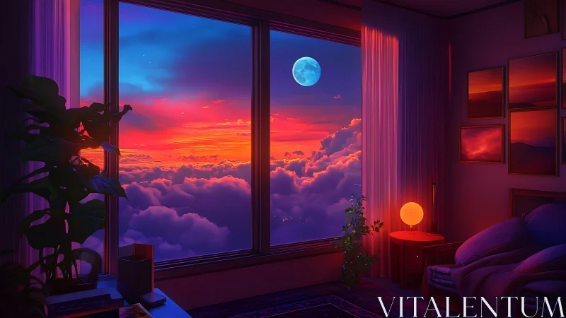 Luminous cloudscape window with chromatic moonlit interior.