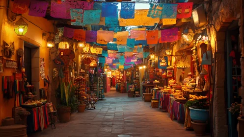 Warmly lit market alley displays colorful textiles and crafts