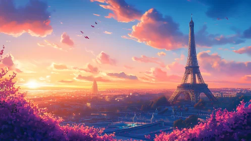 Digital painting of Eiffel Tower at radiant pastel sunset.