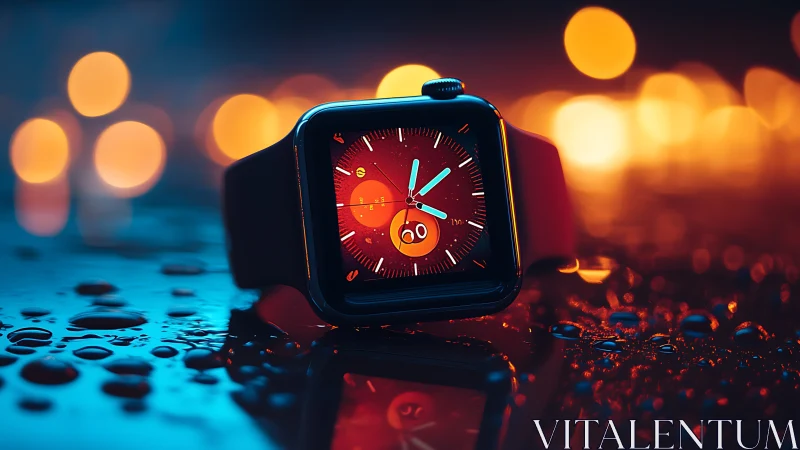 Smartwatch on wet surface with bokeh city lights at night.