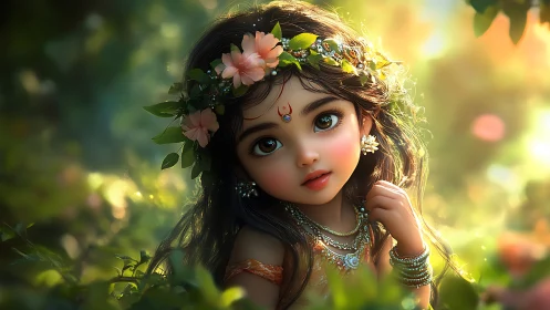 Digital painting portrait of jeweled forest child goddess figure.