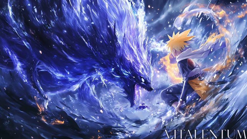 Storm-lit ninja duel with blazing spirit beast fury.