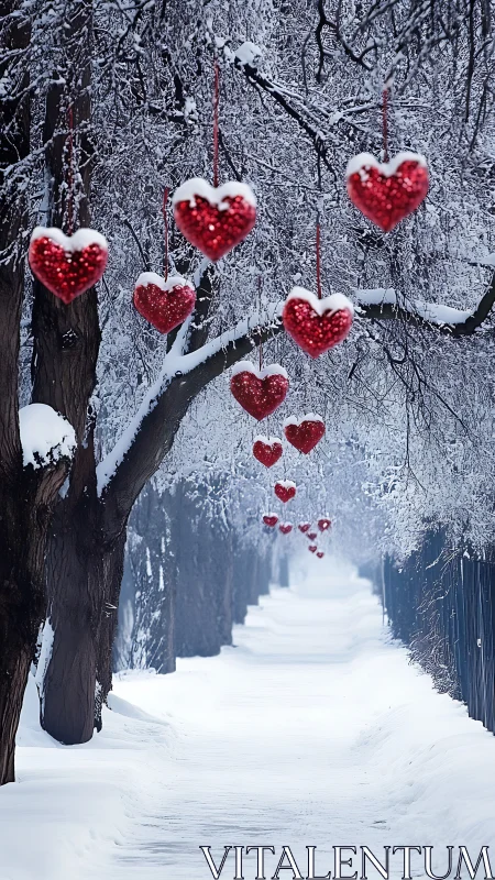 Crimson Hearts Suspended in Frosted Winter Forest.