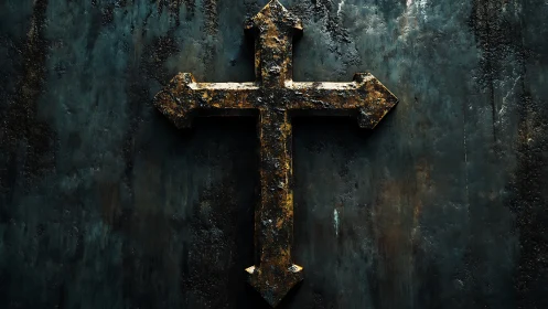 Rusted iron cross clings to storm darkened metal wall.