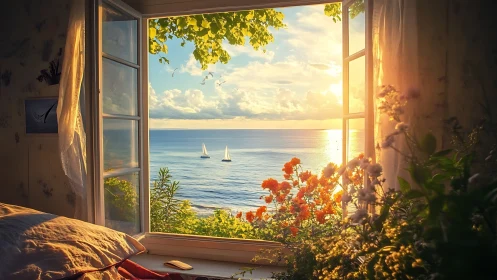 Sunlit bedroom window framing tranquil ocean sunset view.