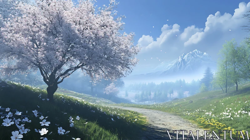 Gentle spring path beneath cherry blossoms and soft mountains.