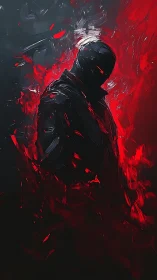 Shadowed figure in red inferno, abstract digital portrait.