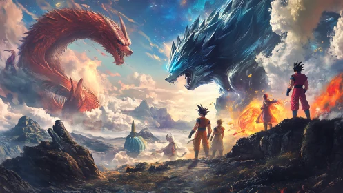 Colossal elemental dragons confront anime warriors in luminous sky