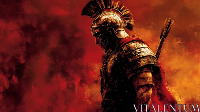 Militarized profile of Roman legionary in incendiary chroma field.