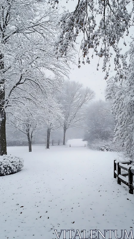 Silent winter boulevard wrapped in whispering snowfall.