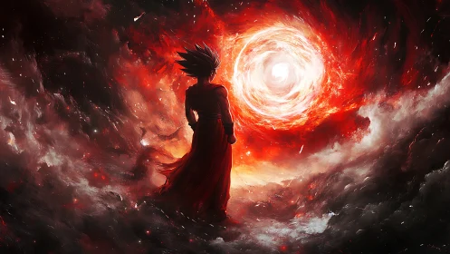 Lone warrior silhouetted before swirling crimson vortex.