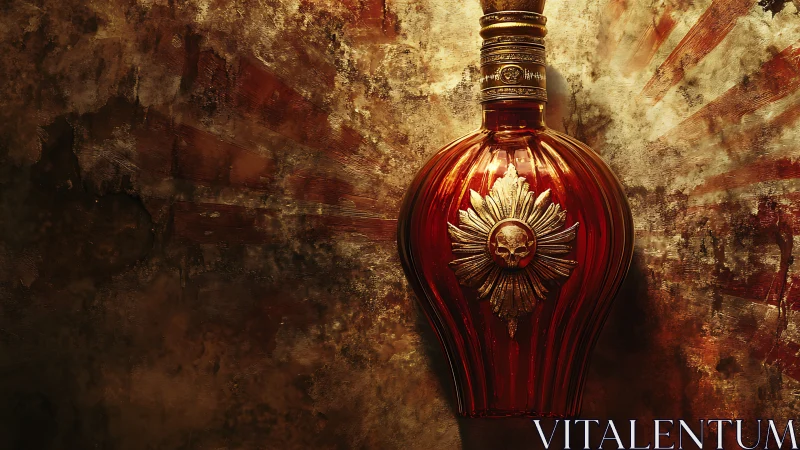 Ornate crimson liquor decanter against distressed gilded wall.