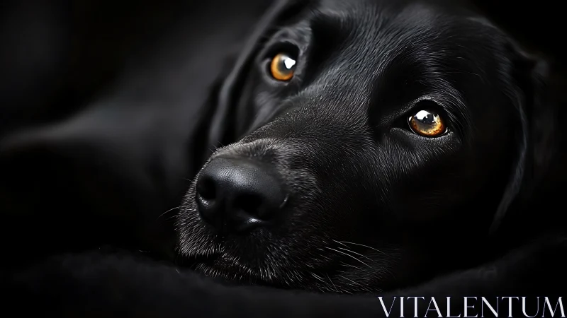 Close-up portrait of black dog with reflective amber eyes.
