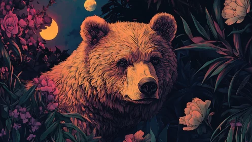 Chromatic bear portrait under dual moons in dense flora.