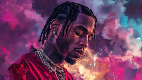 Neon-lit hip hop portrait against iridescent storm cloud sky