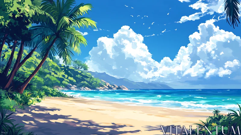 Tropical Beach Paradise with Palm Trees and Mountains